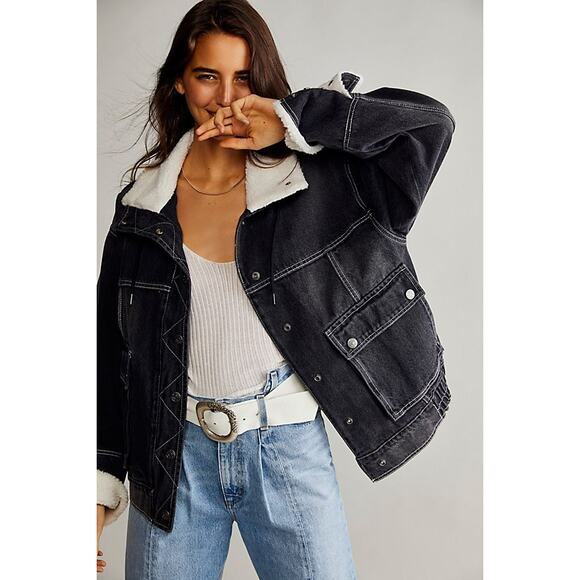 Free people Black Sherpa Trim Bomber Denim Jacket